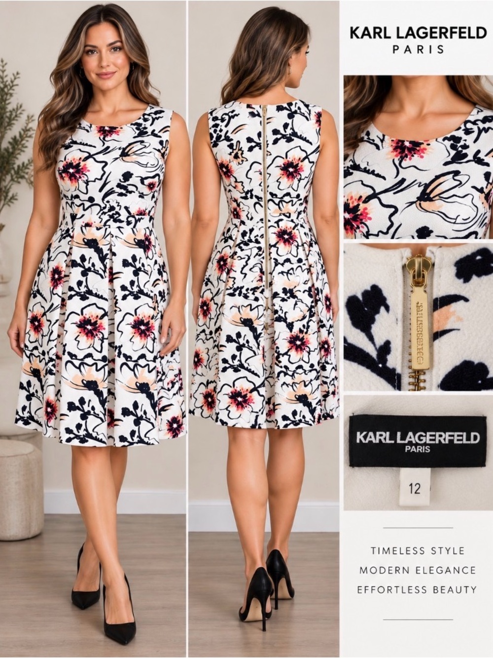 Karl Lagerfeld Paris Floral Fit & Flare Dress Size 12 Pleated Midi